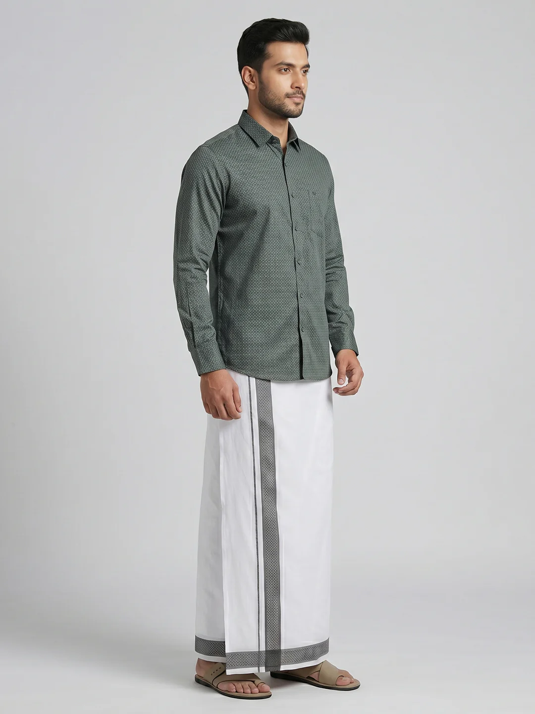 Men Teal Green Matching Border Dhoti With Printed Shirt Set Windsor HNJ5 - Image 3
