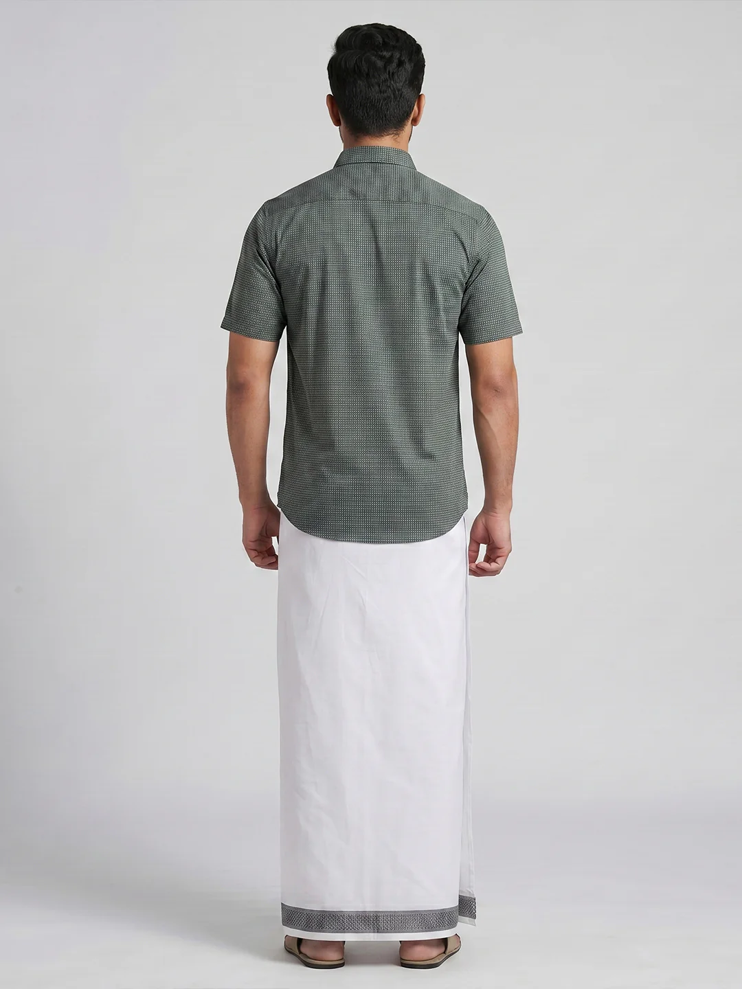 Men Teal Green Matching Border Dhoti With Printed Shirt Set Windsor HNJ5 - Image 4