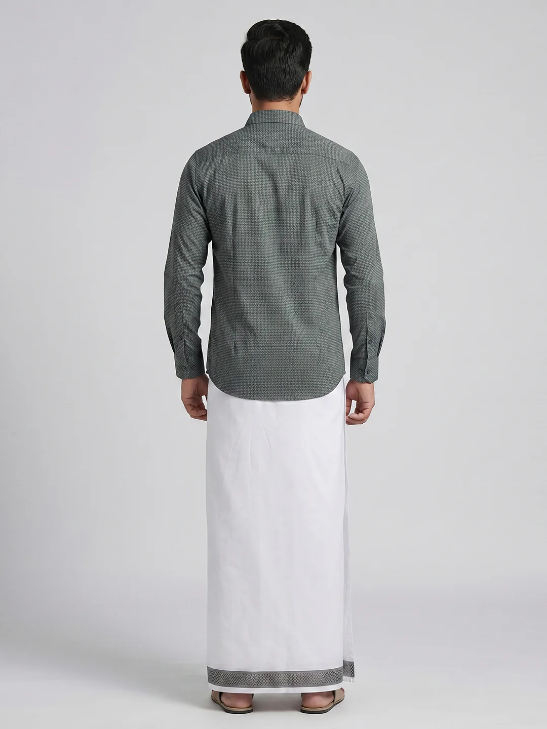 Men Teal Green Matching Border Dhoti With Printed Shirt Set Windsor HNJ5 - Image 6
