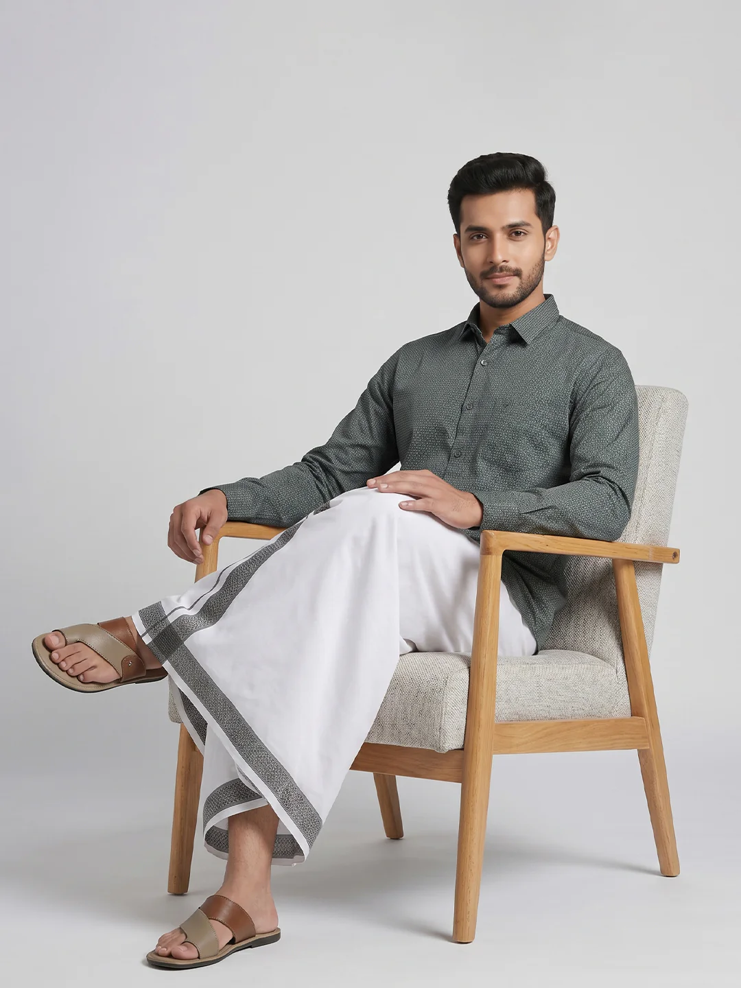 Men Teal Green Matching Border Dhoti With Printed Shirt Set Windsor HNJ5 - Image 7