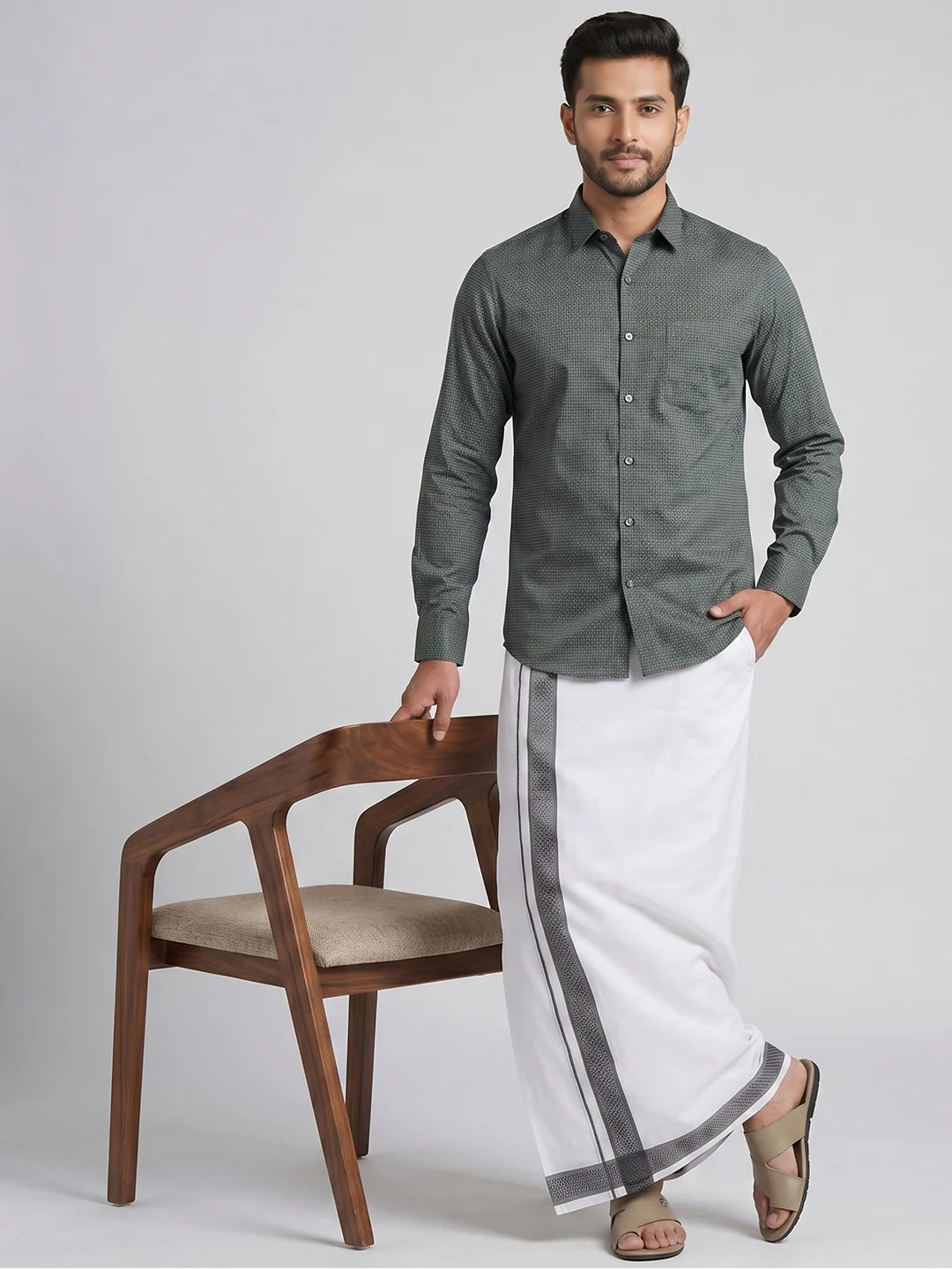 Men Teal Green Matching Border Dhoti With Printed Shirt Set Windsor HNJ5 - Image 8