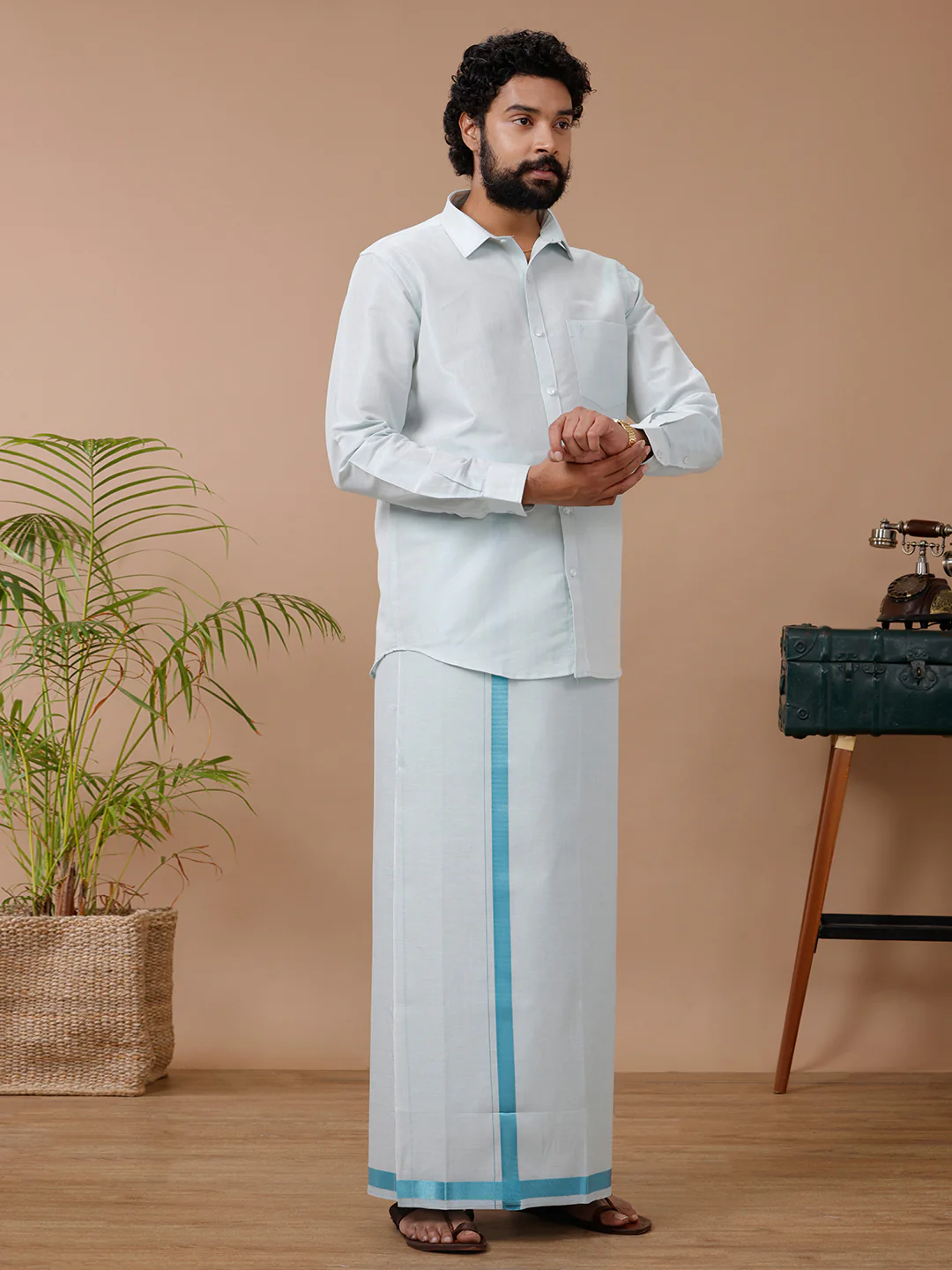 Men Tissue Cyan Dhoti &Full Sleeves Shirt Set - Image 2