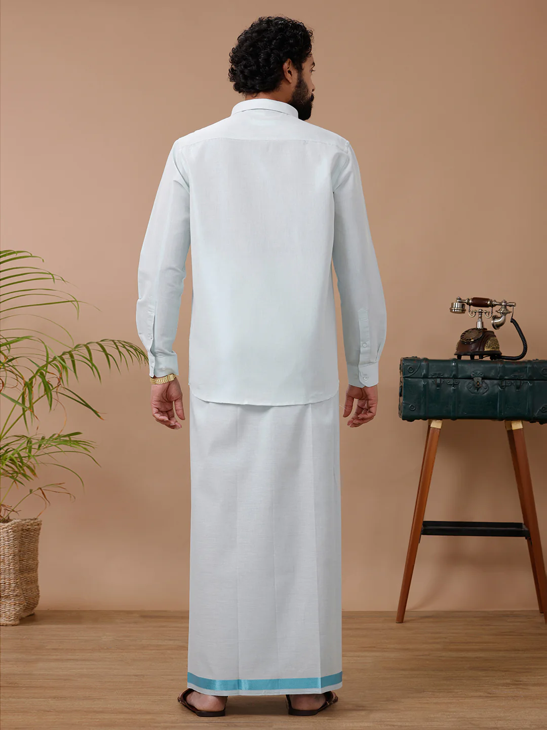 Men Tissue Cyan Dhoti &Full Sleeves Shirt Set - Image 4
