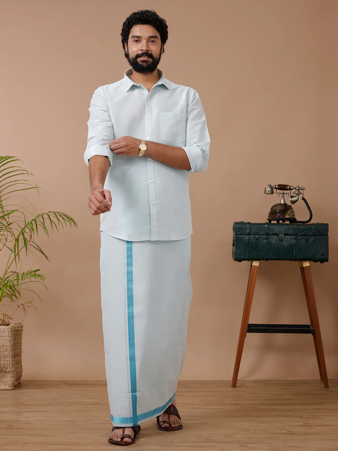 Men Tissue Cyan Dhoti &Full Sleeves Shirt Set - Image 6