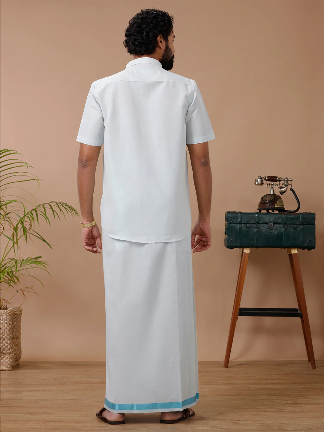 Men Tissue Cyan Dhoti & Half Sleeves Shirt Set - Image 5