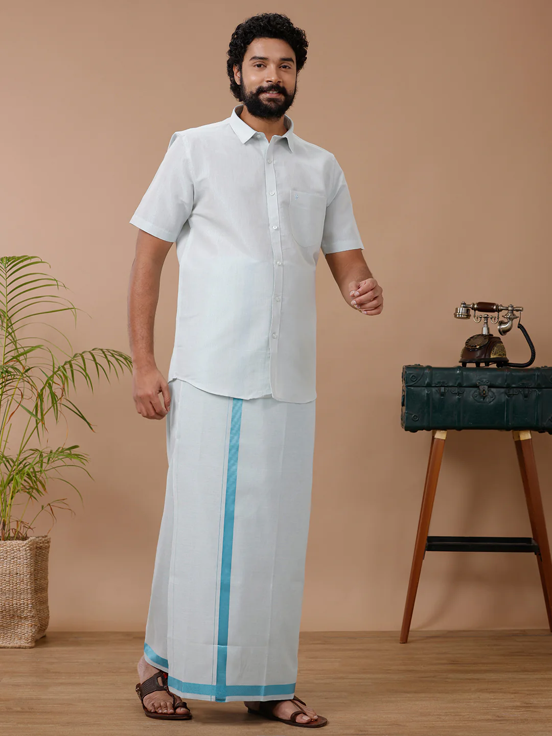 Men Tissue Cyan Dhoti & Half Sleeves Shirt Set - Image 6