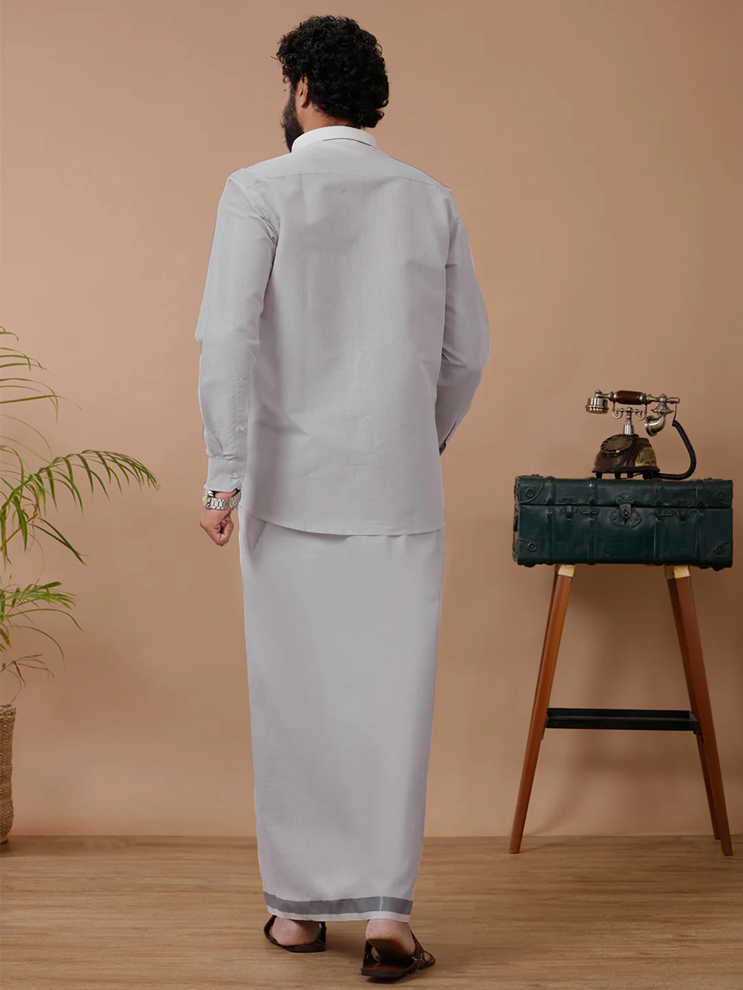 Men Tissue Dhoti & Full Sleeves Shirt Set Licorice - Image 3