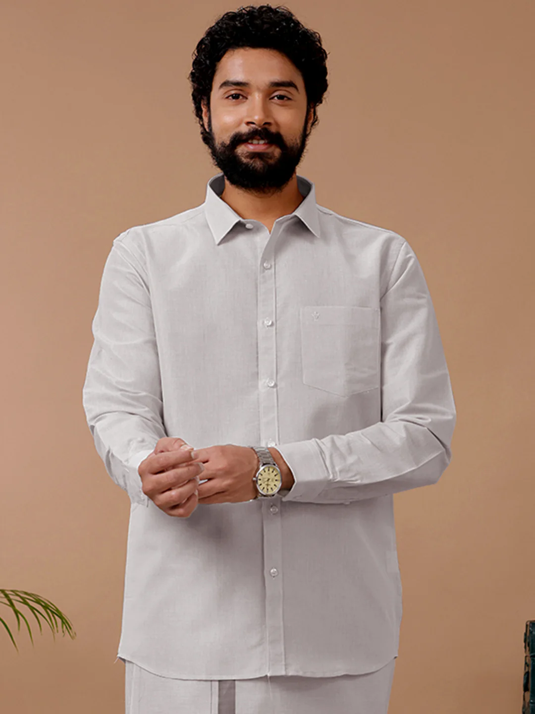 Men Tissue Dhoti & Full Sleeves Shirt Set Licorice - Image 4