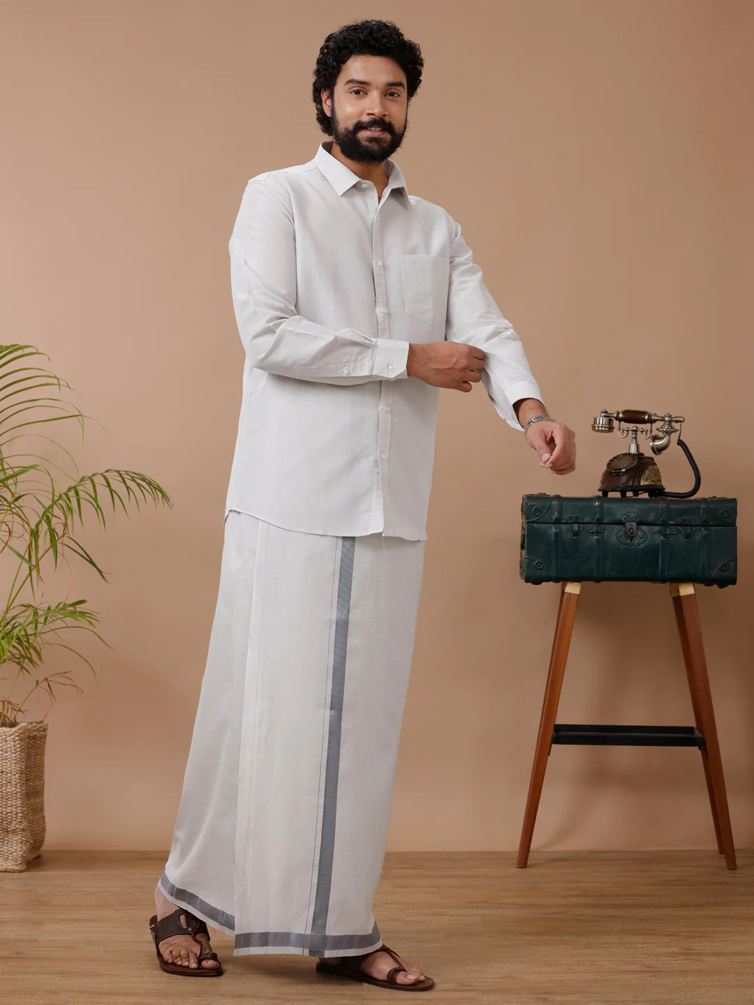 Men Tissue Dhoti & Full Sleeves Shirt Set Steel Grey - Image 2