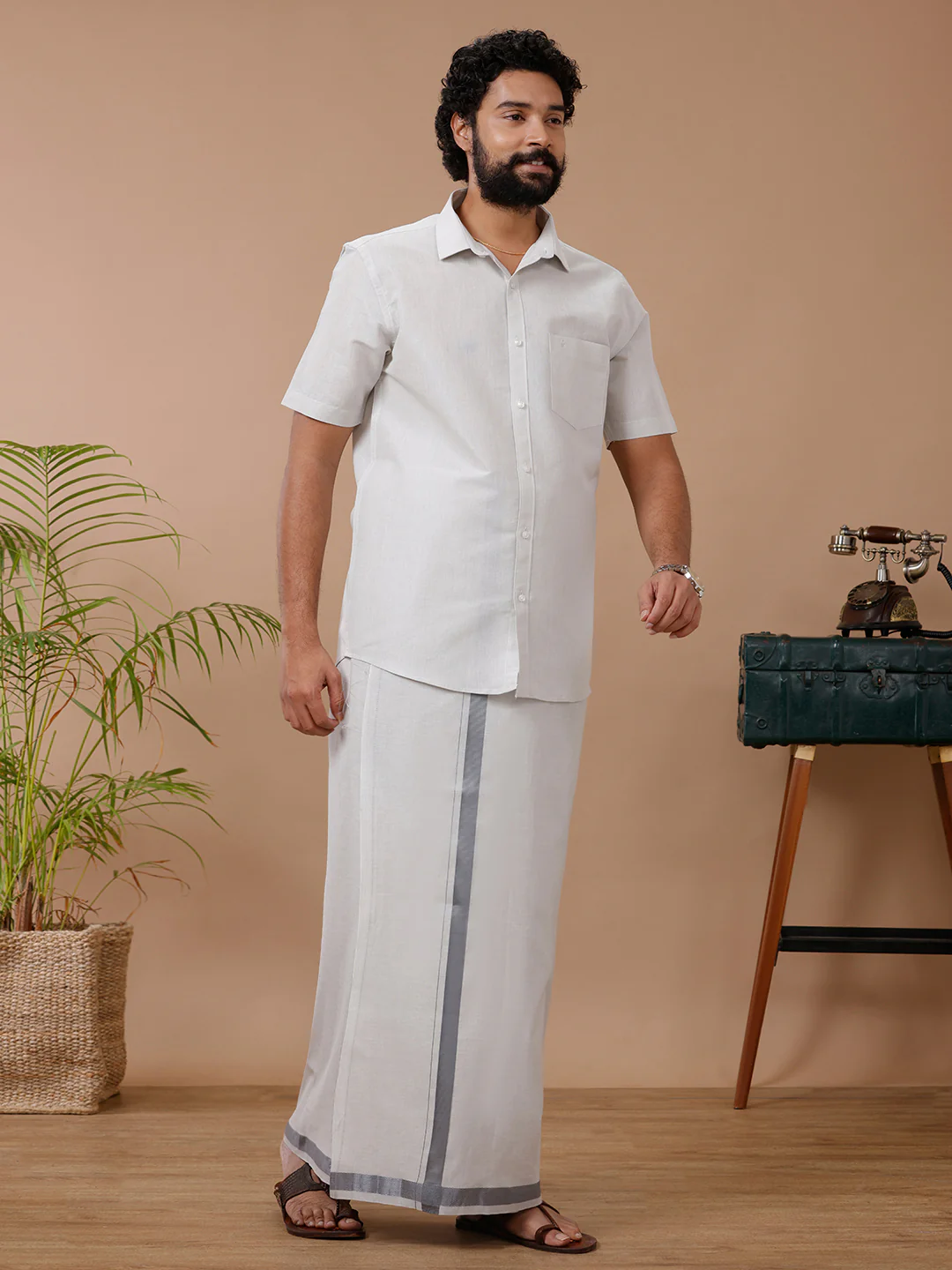 Men Tissue Dhoti & Half Sleeves Shirt Set Steel Grey - Image 2