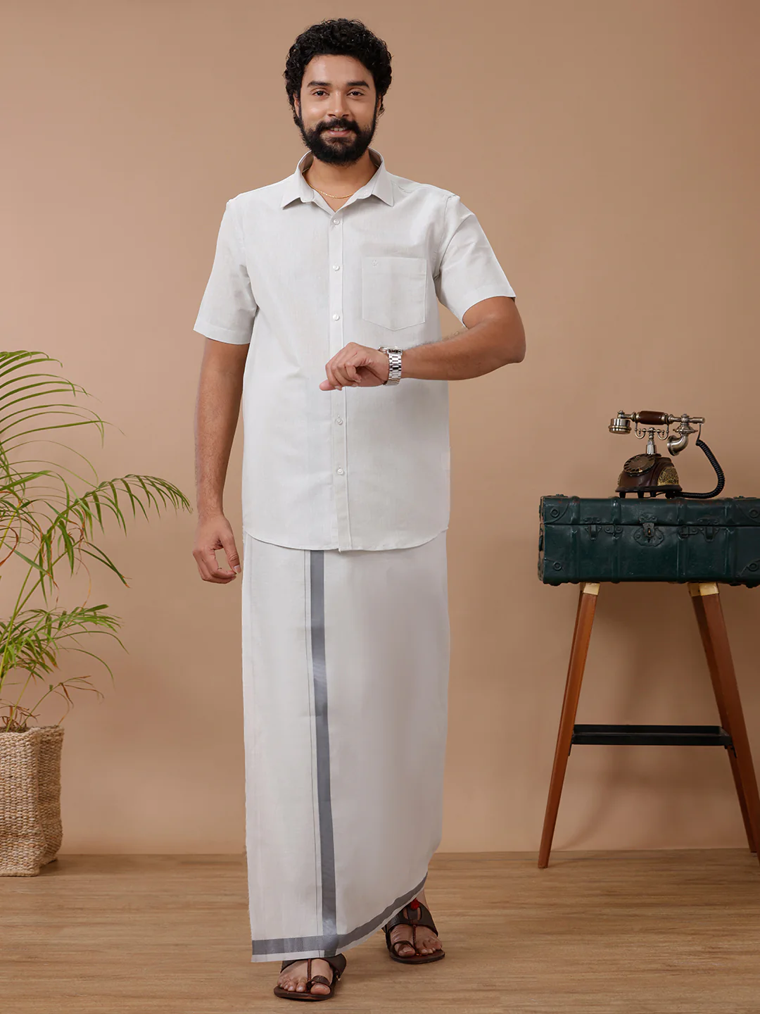 Men Tissue Dhoti & Half Sleeves Shirt Set Steel Grey - Image 6