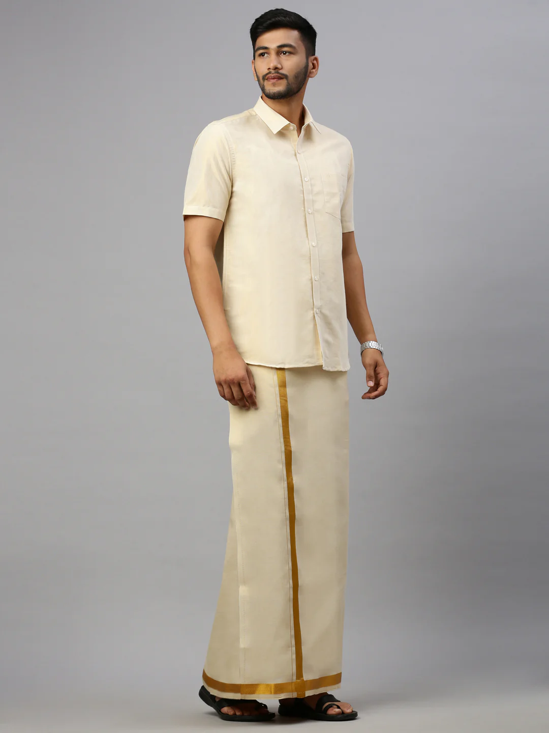 Men Tissue Double Layer Gold Dhoti with Jari Border - Image 3