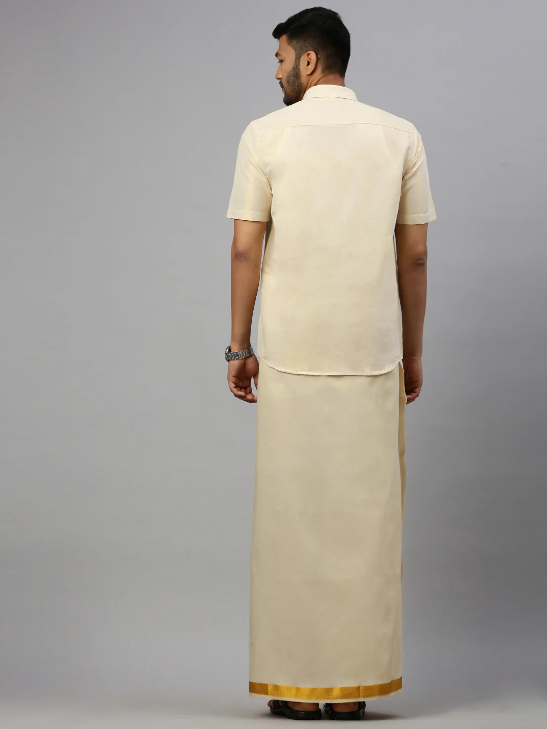 Men Tissue Double Layer Gold Dhoti with Jari Border - Image 5