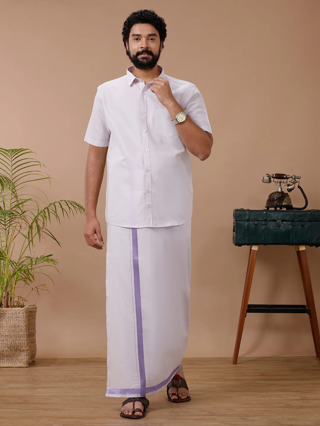 Men Tissue Lavender Dhoti & Half Sleeves Shirt Set - Image 6