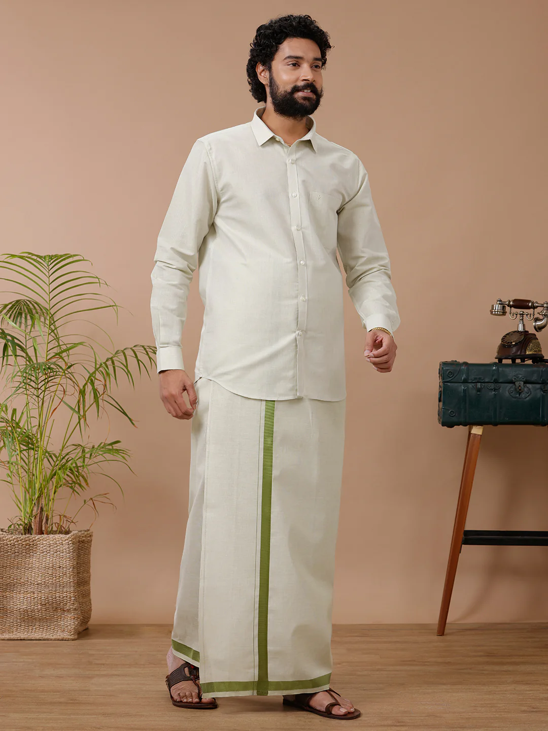 Men Tissue Moss Green Dhoti & Full Sleeves Shirt Set - Image 2