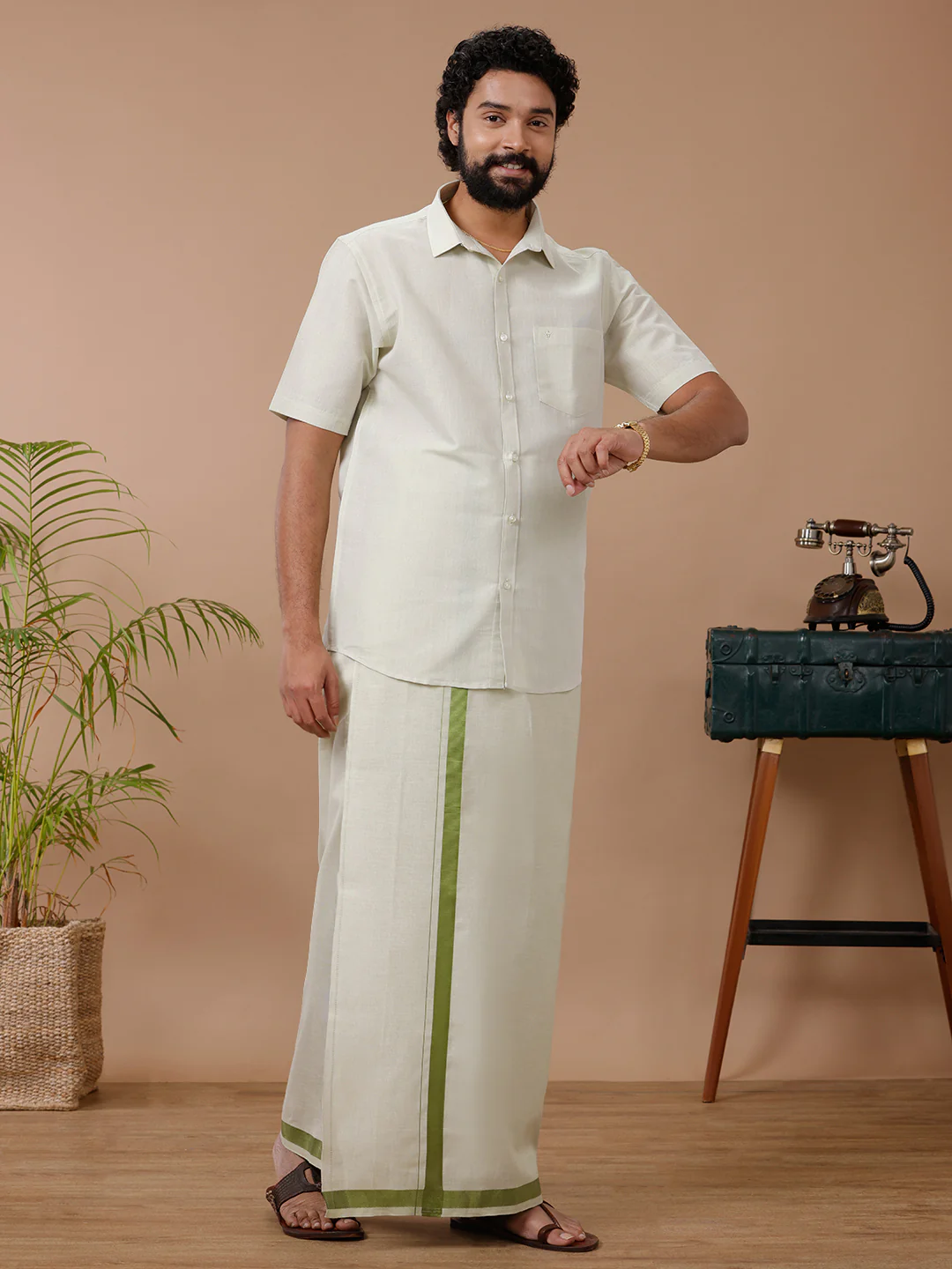 Men Tissue Moss Green Dhoti & Half Sleeves Shirt Set - Image 5