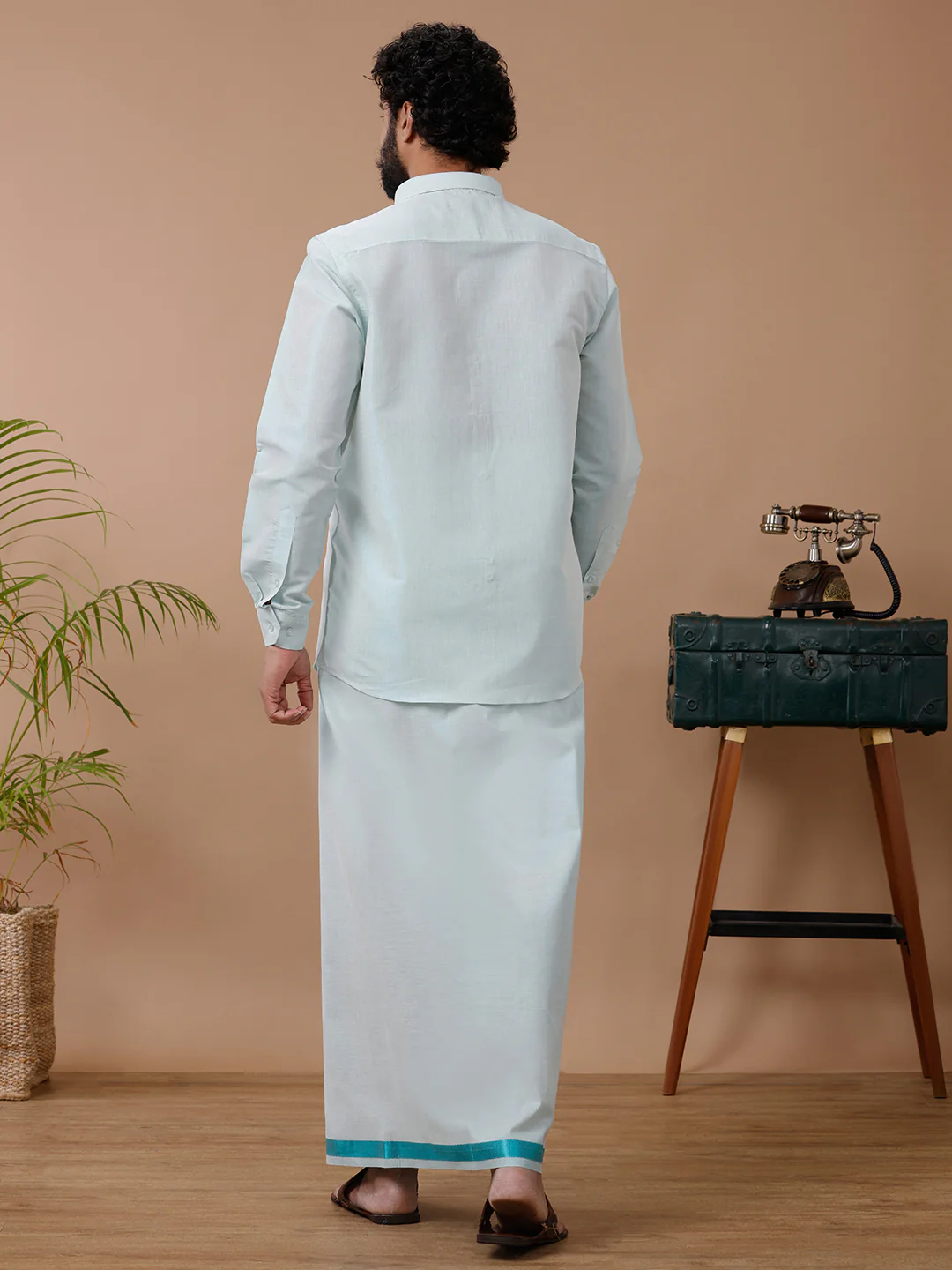 Men Tissue Ramar Green Dhoti & Full Sleeves Shirt Set - Image 4