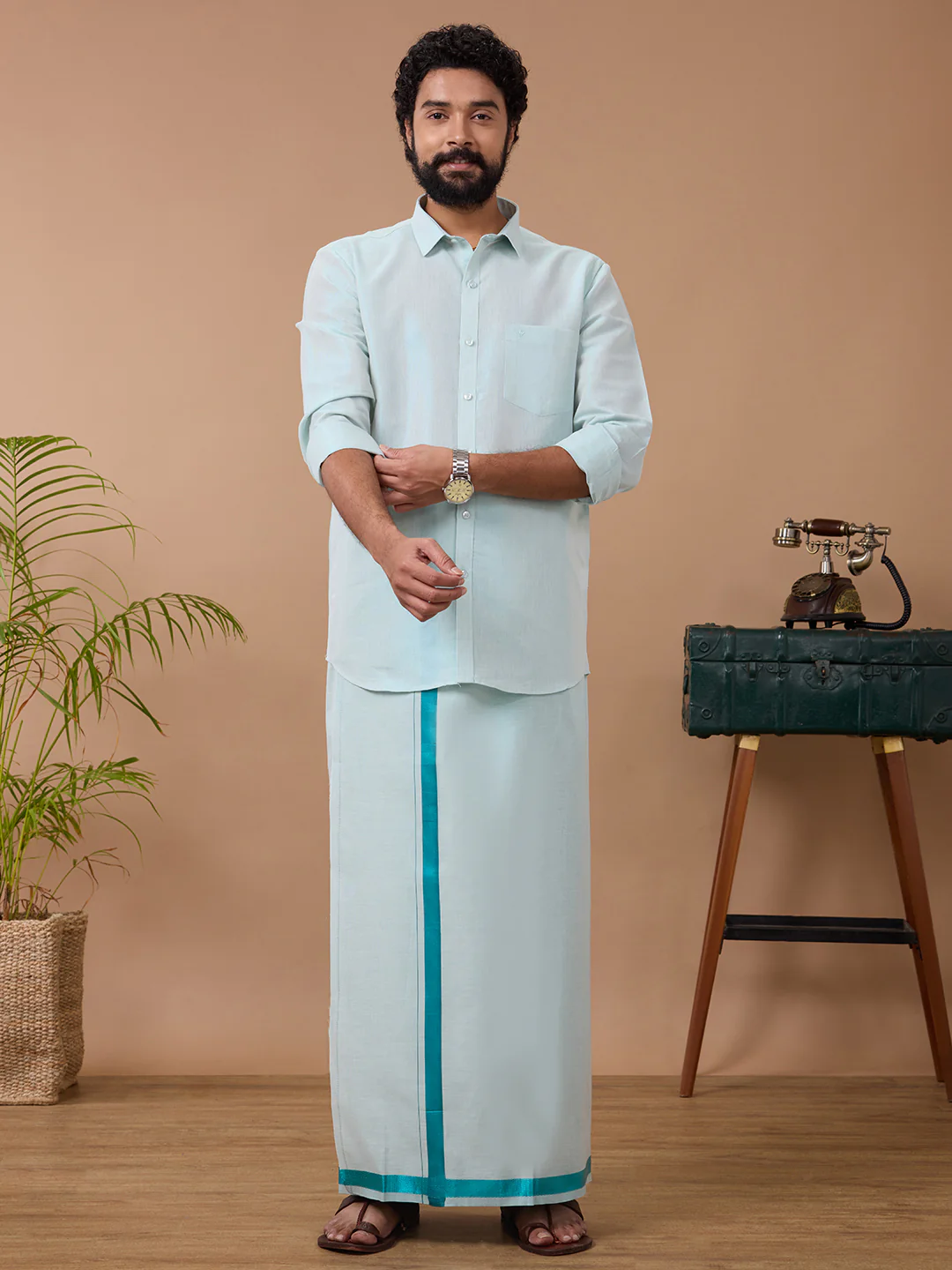 Men Tissue Ramar Green Dhoti & Full Sleeves Shirt Set - Image 6