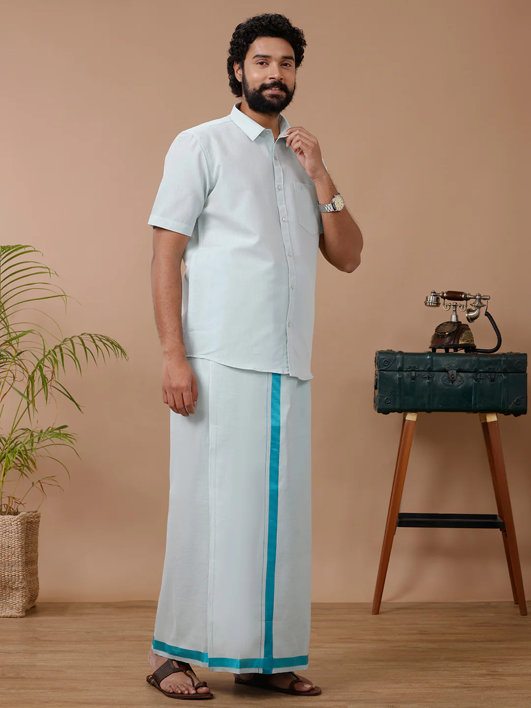 Men Tissue Ramar Green Dhoti & Half Sleeves Shirt Set - Image 2