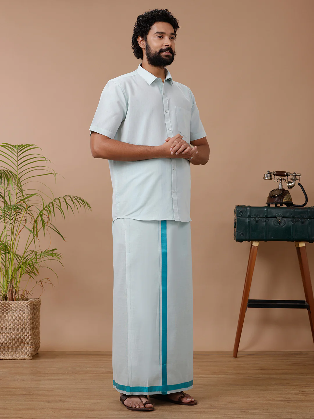 Men Tissue Ramar Green Dhoti & Half Sleeves Shirt Set - Image 3