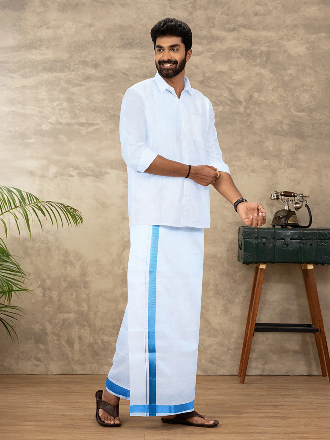 Men Tissue Readymade Single Layer Blue Dhoti with Jari Border Viceroy - Image 2