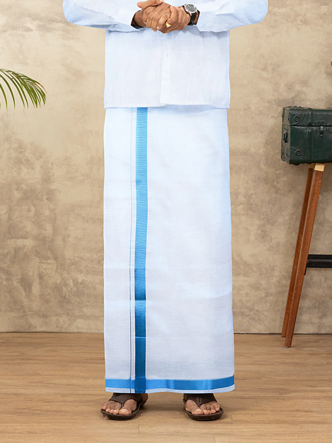Men Tissue Readymade Single Layer Blue Dhoti with Jari Border Viceroy - Image 3