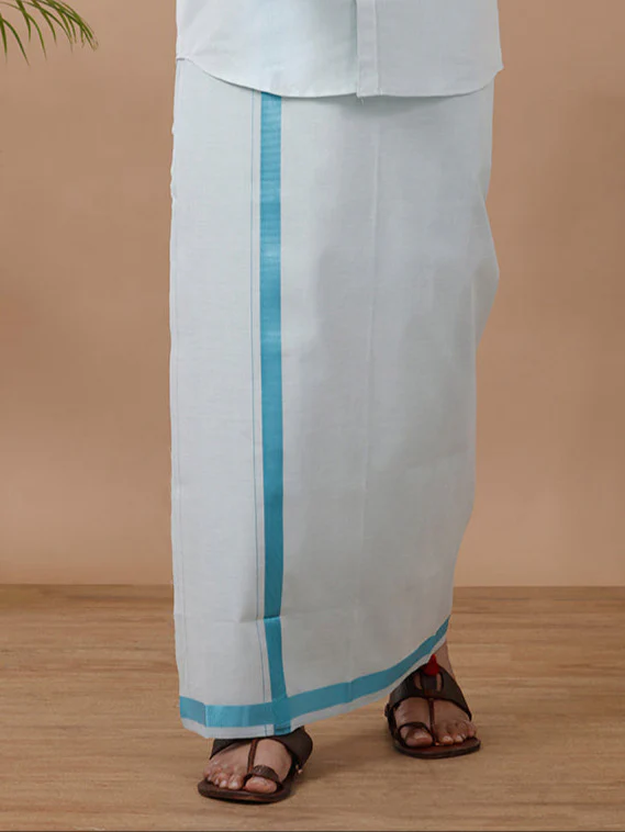 Men Tissue Readymade Single Layer Cyan Dhoti with Jari Border Viceroy