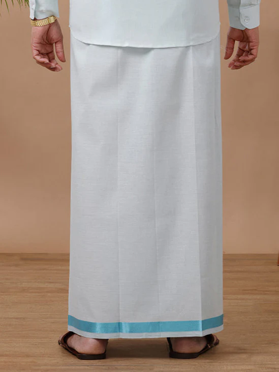 Men Tissue Readymade Single Layer Cyan Dhoti with Jari Border Viceroy - Image 4