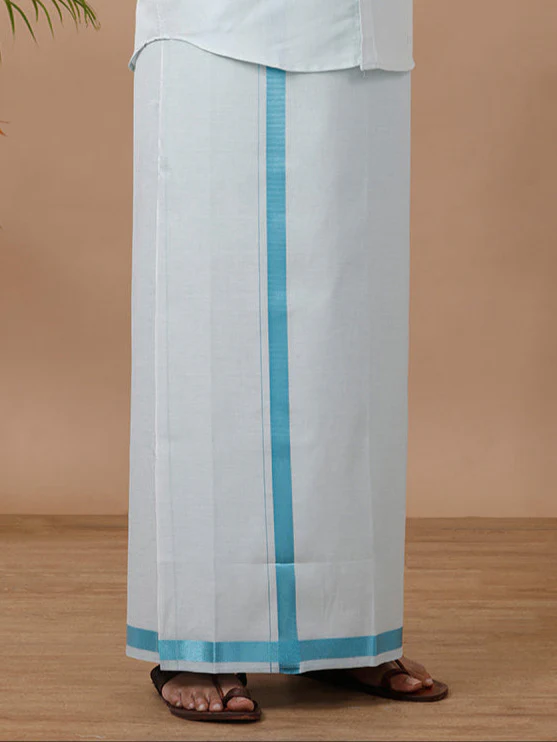 Men Tissue Readymade Single Layer Cyan Dhoti with Jari Border Viceroy - Image 5