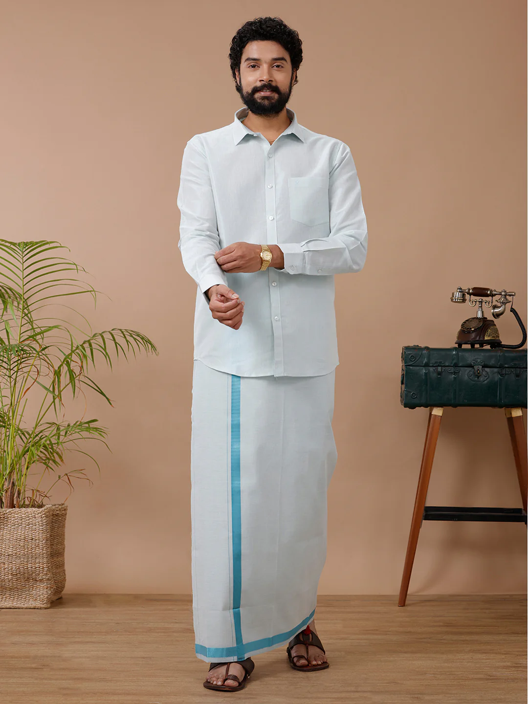 Men Tissue Readymade Single Layer Cyan Dhoti with Jari Border Viceroy - Image 6
