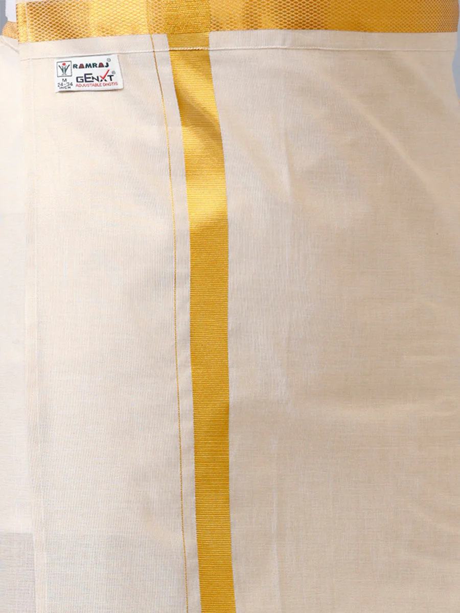 Men Tissue Readymade Single Layer Gold Dhoti with Jari Border Viceroy - Image 5