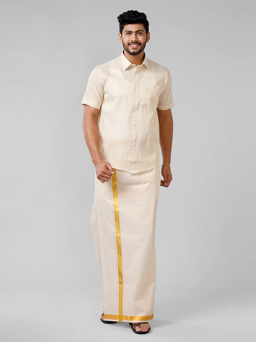 Men Tissue Readymade Single Layer Gold Dhoti with Jari Border Viceroy - Image 6