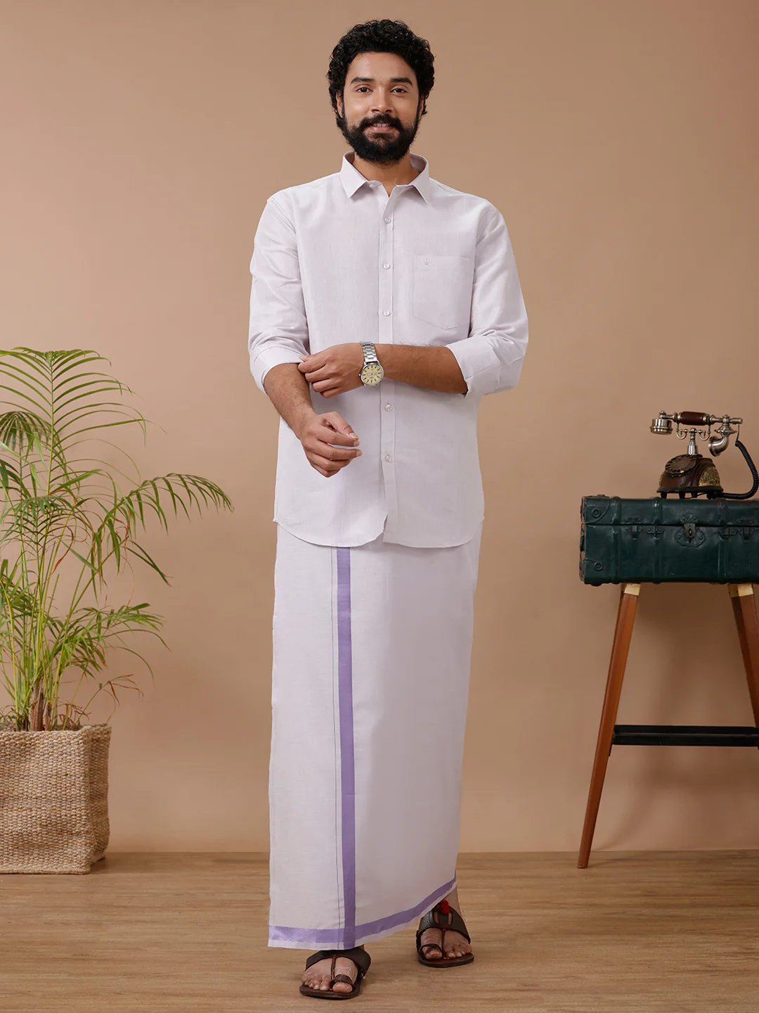 Men Tissue Readymade Single Layer Lavender Dhoti with Jari Border Viceroy - Image 5