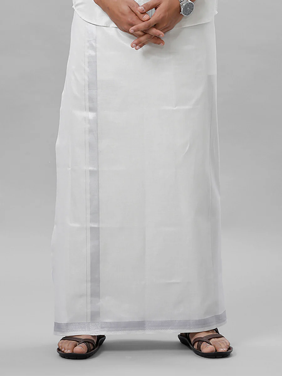 Men Tissue Readymade Single Layer Silver Dhoti with Jari Border Viceroy