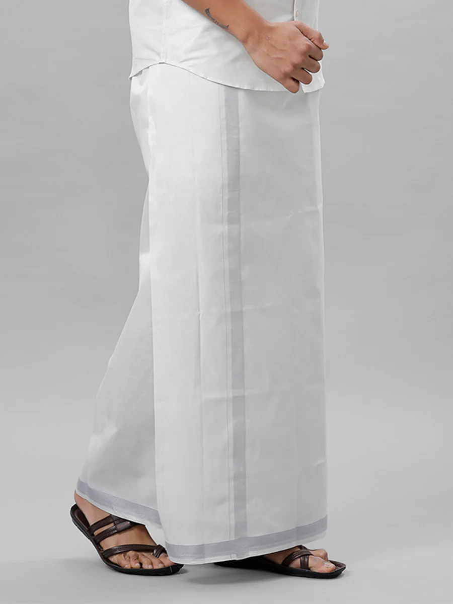 Men Tissue Readymade Single Layer Silver Dhoti with Jari Border Viceroy - Image 3