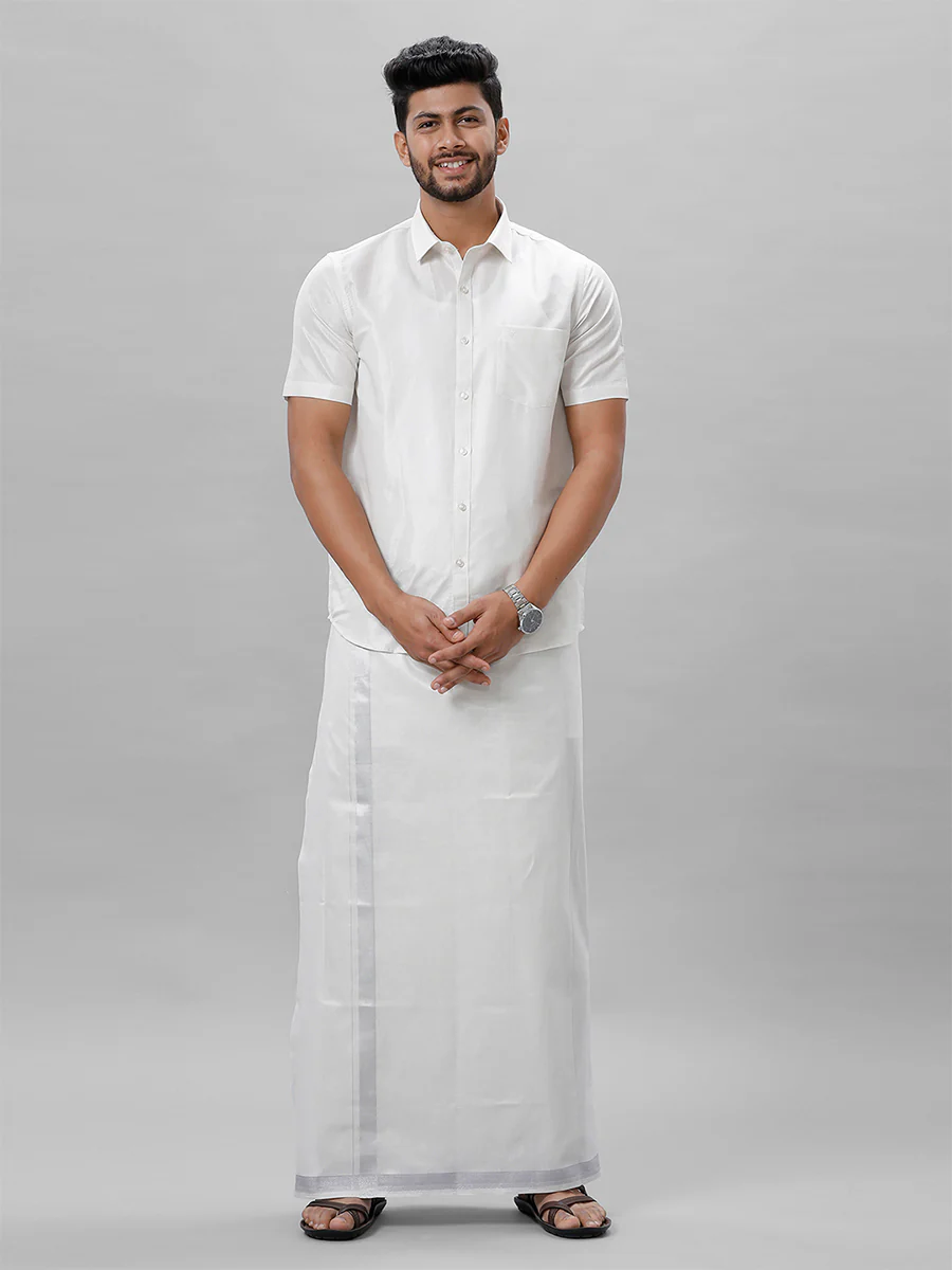 Men Tissue Readymade Single Layer Silver Dhoti with Jari Border Viceroy - Image 7