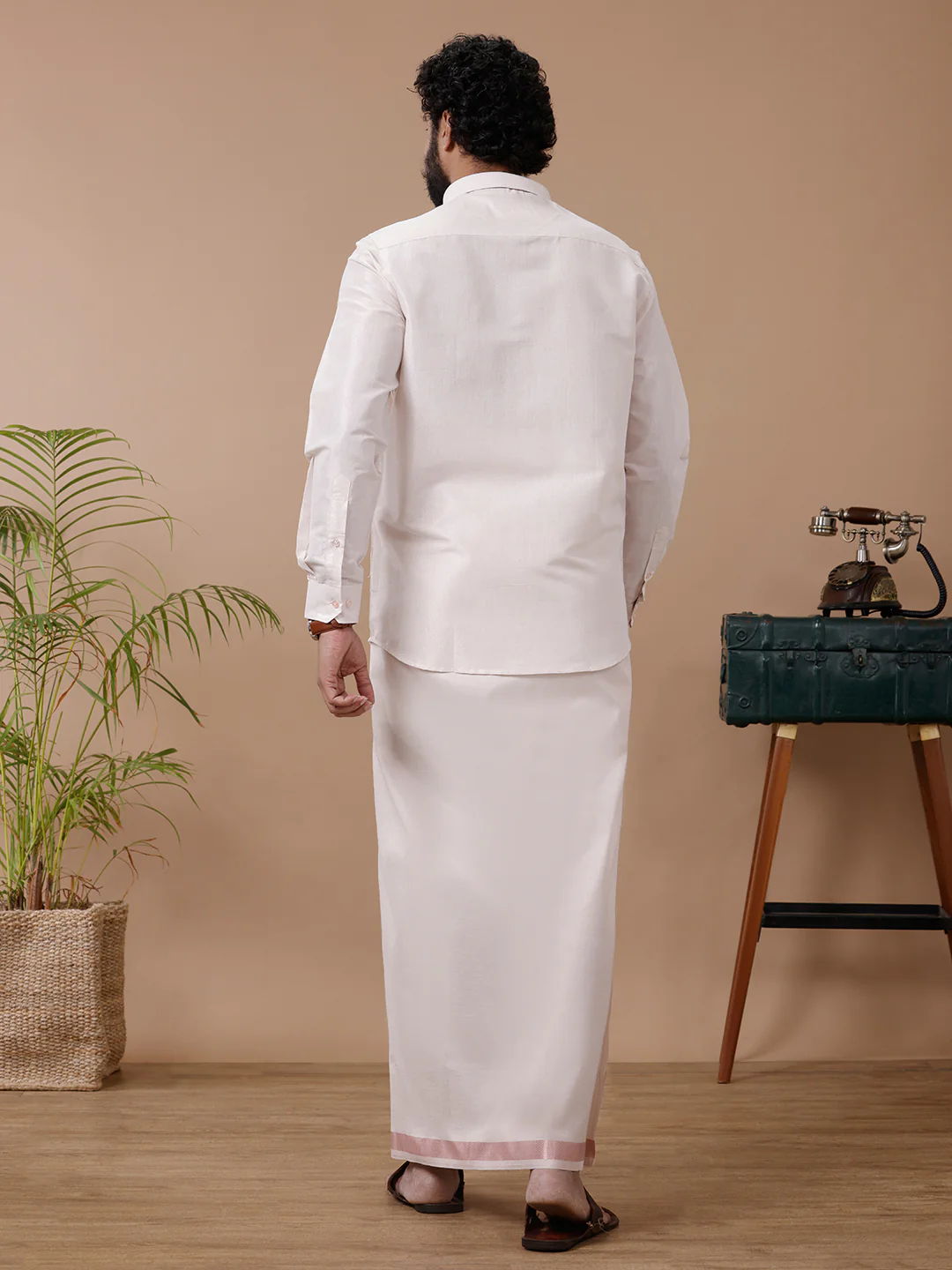 Men Tissue Rose Gold Dhoti & Full Sleeves Shirt Set - Image 4