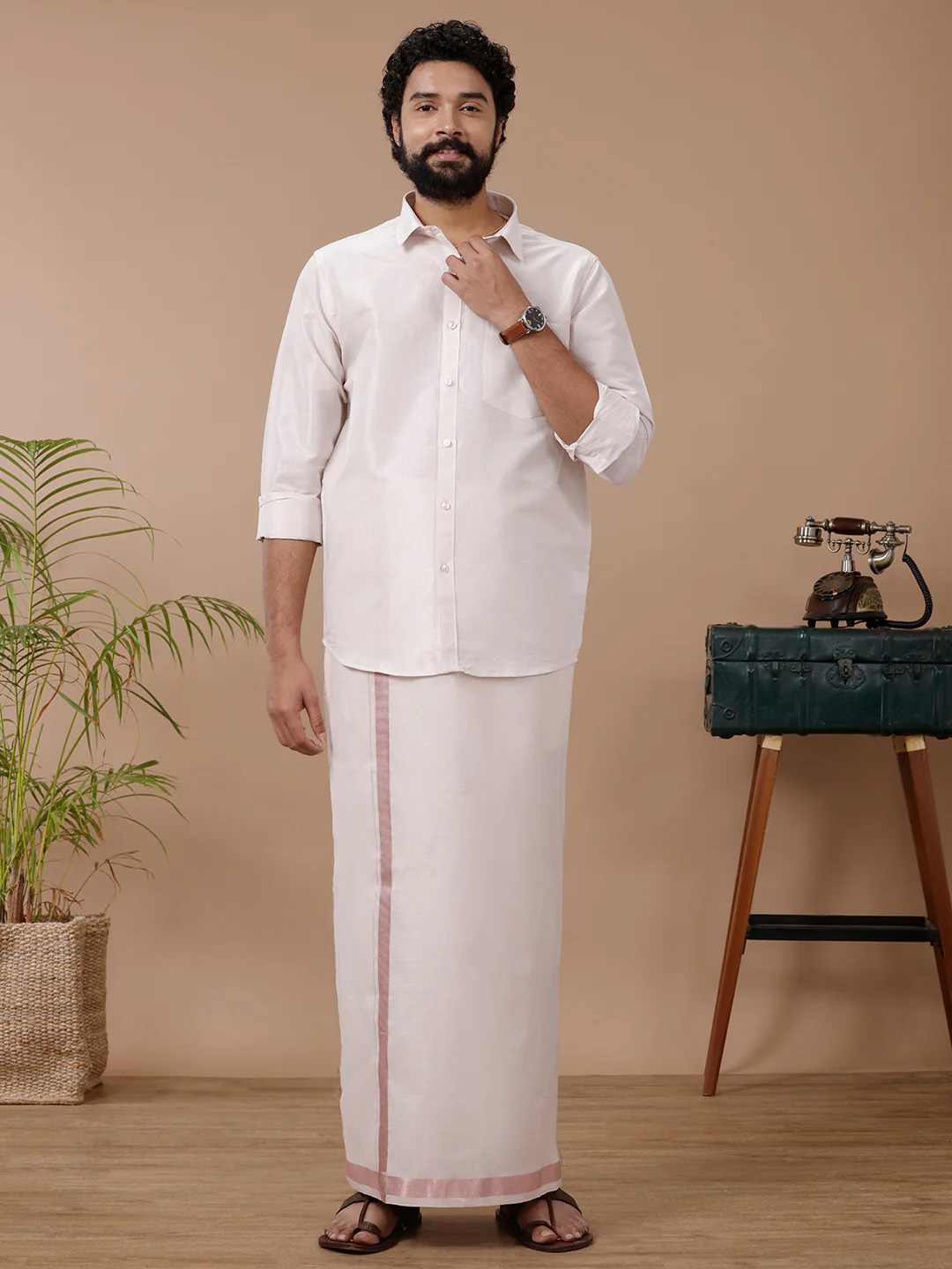 Men Tissue Rose Gold Dhoti & Full Sleeves Shirt Set - Image 6