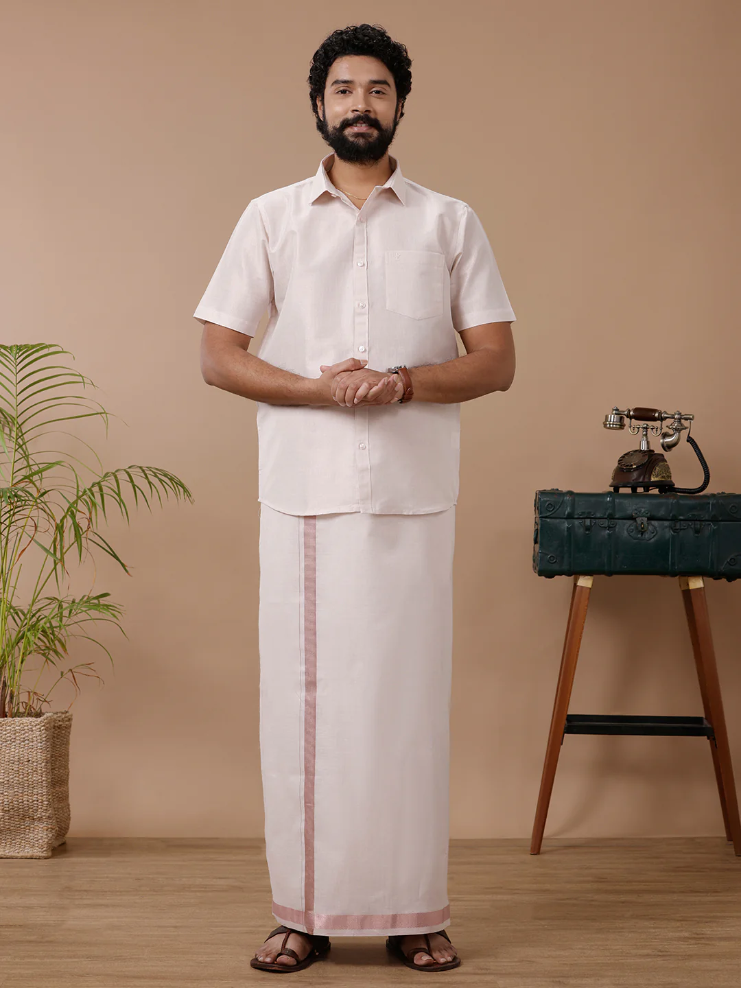 Men Tissue Rose Gold Dhoti & Half Sleeves Shirt Set