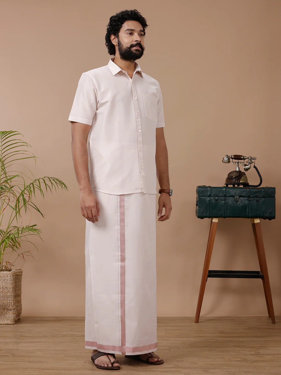 Men Tissue Rose Gold Dhoti & Half Sleeves Shirt Set - Image 2