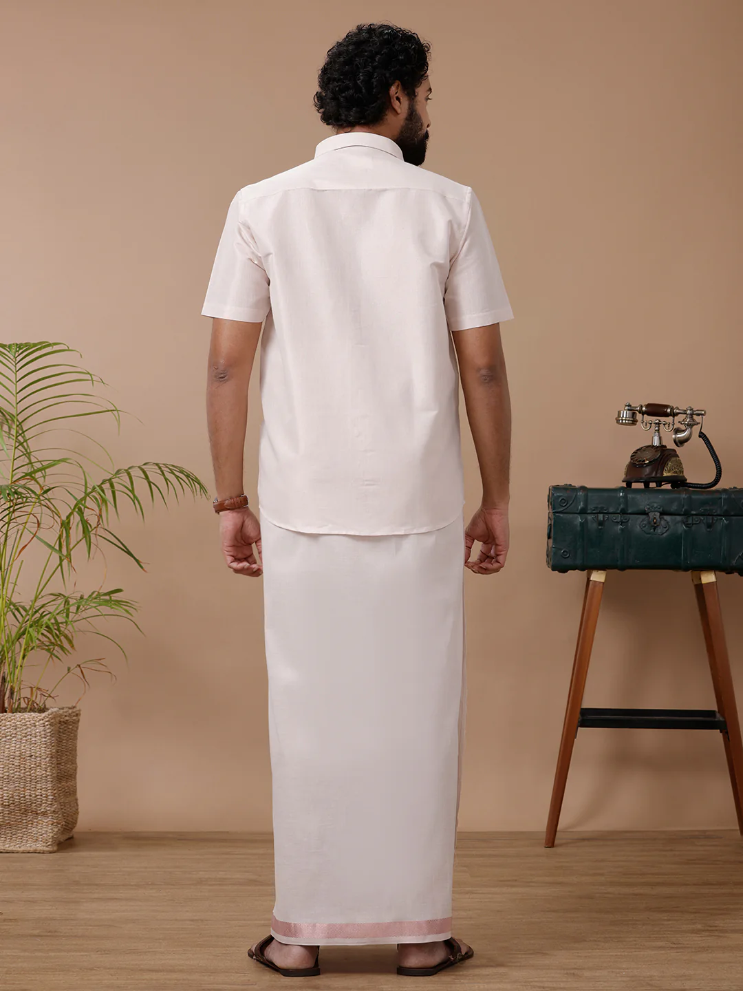 Men Tissue Rose Gold Dhoti & Half Sleeves Shirt Set - Image 4