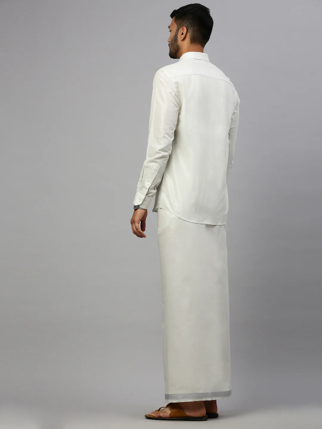 Men Tissue Silver Dhoti & Full Sleeves Shirt Set - Image 3