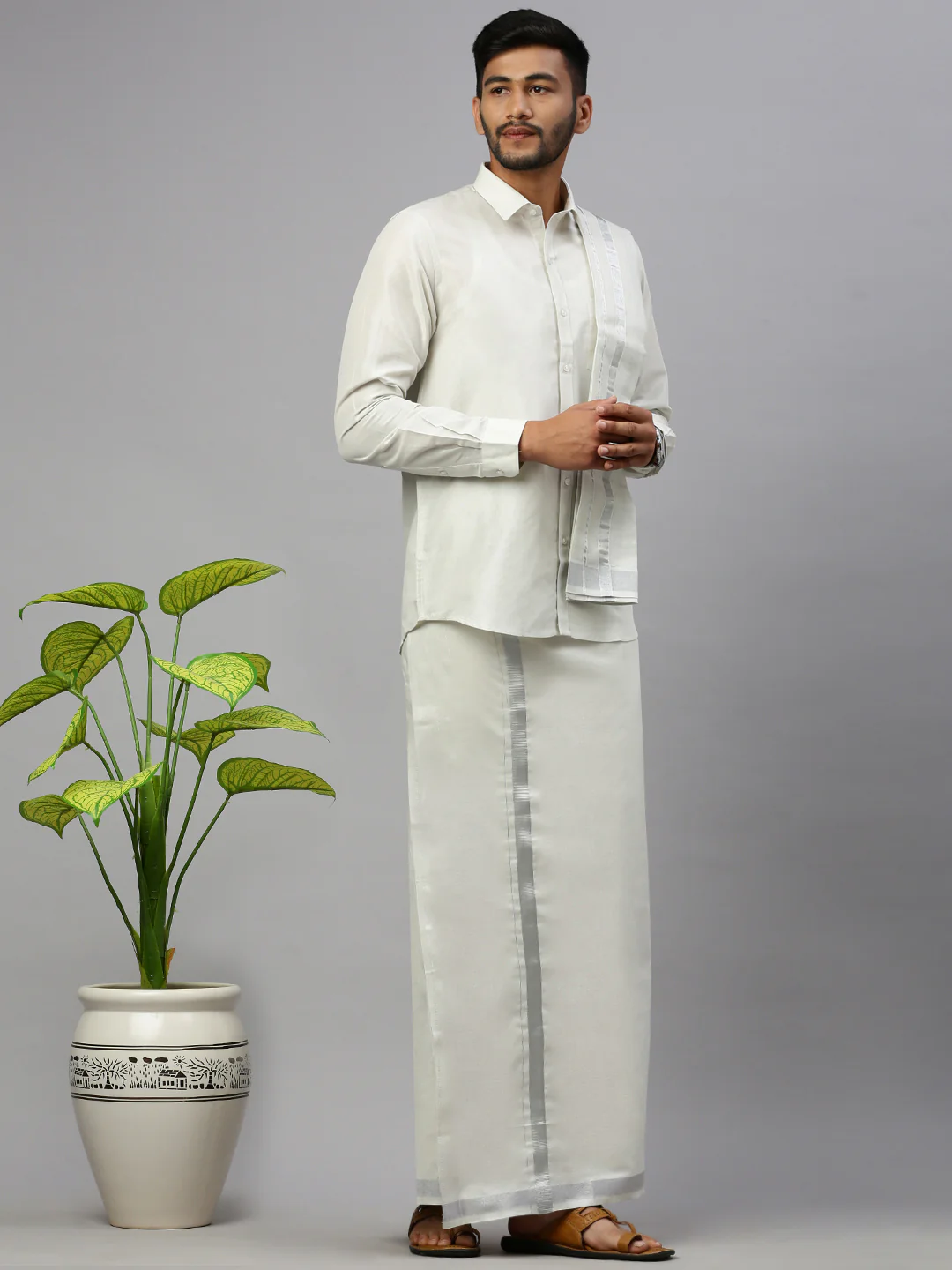 Men Tissue Silver Full Sleeve Shirt Jari Dhoti & Towel Set - Image 2