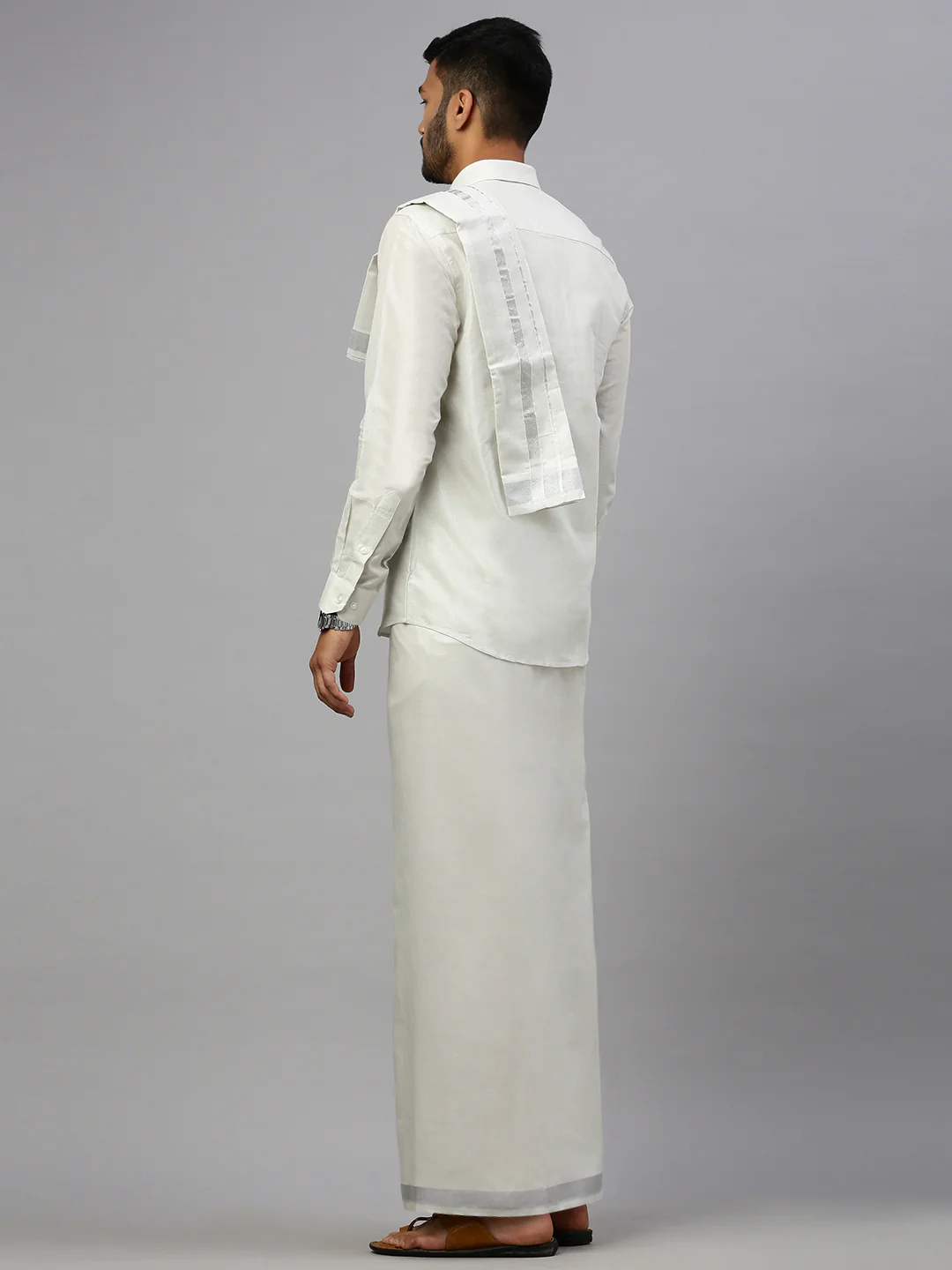 Men Tissue Silver Full Sleeve Shirt Jari Dhoti & Towel Set - Image 3
