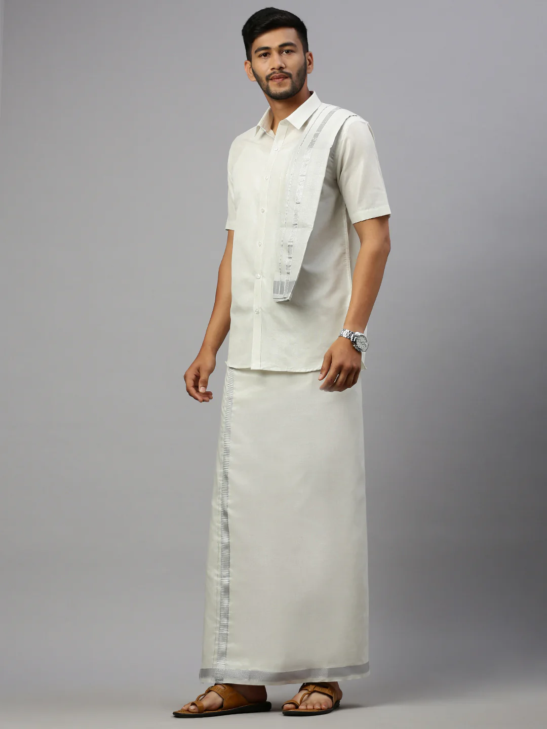 Men Tissue Silver Half Sleeve Shirt Jari Dhoti & Towel Set - Image 2