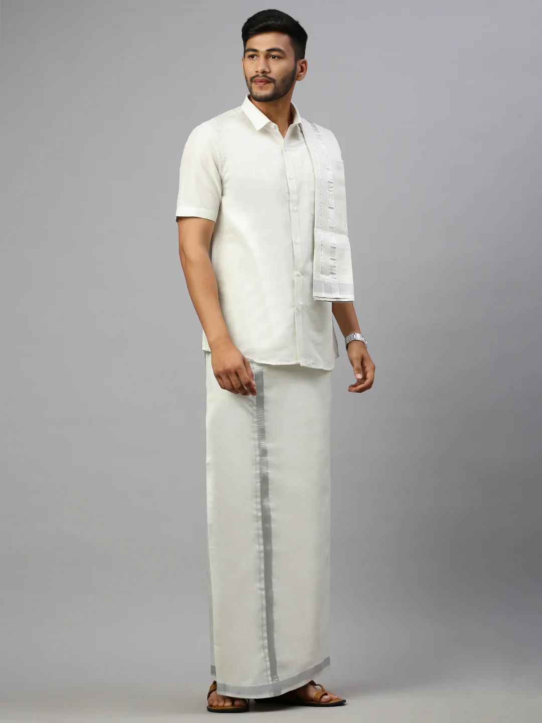 Men Tissue Silver Half Sleeve Shirt Jari Dhoti & Towel Set - Image 3
