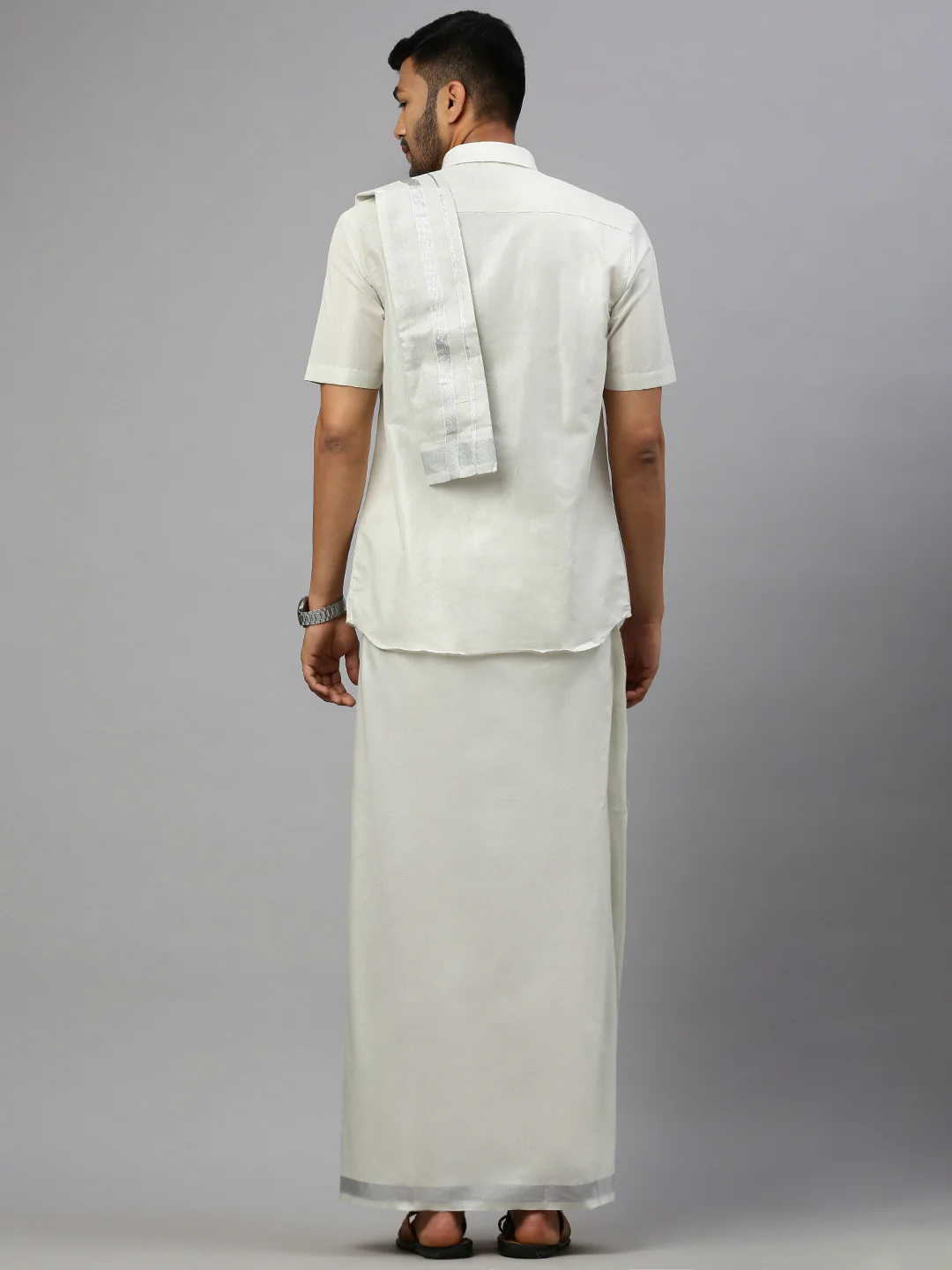 Men Tissue Silver Half Sleeve Shirt Jari Dhoti & Towel Set - Image 4