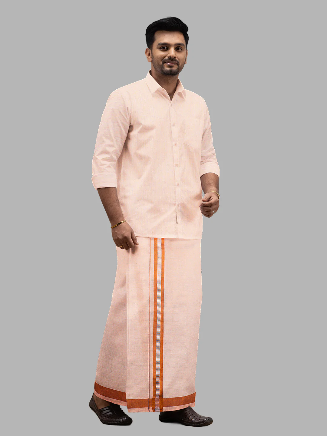 Men Tissue Single Layer Copper Dhoti with Fancy Jari Border - Image 3