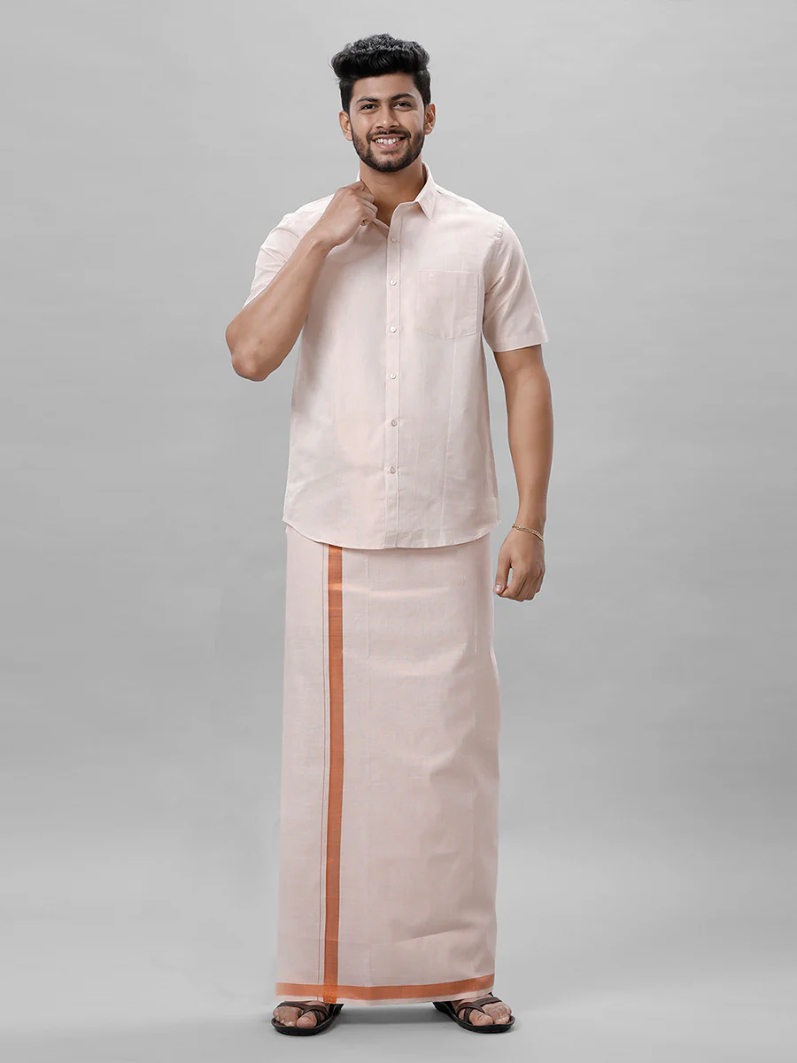 Men Tissue Single Layer Copper Dhoti with Jari Border - Image 6