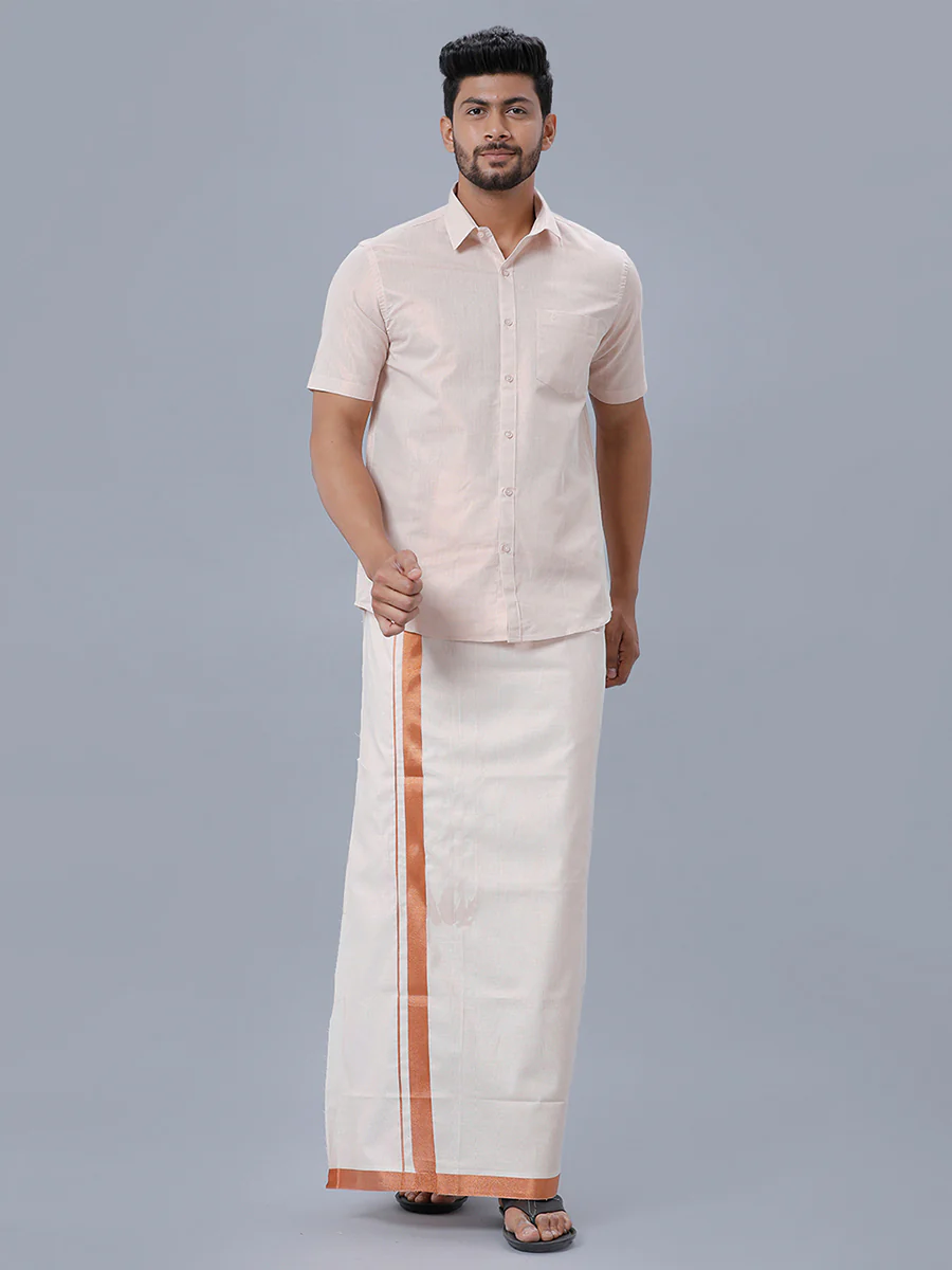 Men Tissue Single Layer Copper Dhoti with Jari Border Primacy - Image 4